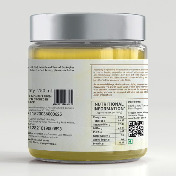 Turmeric Ghee - 250ml | By ProVedic | 8.45 fl oz | 0.07 gallon