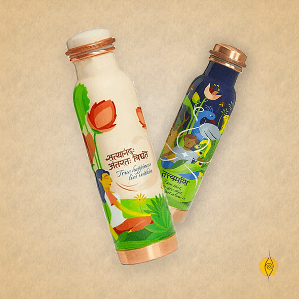 Traditionally Handcrafted and Aesthetically Designed Ayurvedic Copper Bottle with Yogic Artwork