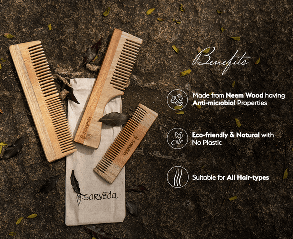 Natural and Eco-friendly Neem Wood Combs with Anti-fungal & Anti-bacterial properties for Healthy Hair and Scalp, Pack of 3 |By Sarveda | 3.53 OZ