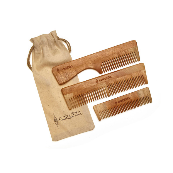 Natural and Eco-friendly Neem Wood Combs with Anti-fungal & Anti-bacterial properties for Healthy Hair and Scalp, Pack of 3 |By Sarveda | 3.53 OZ