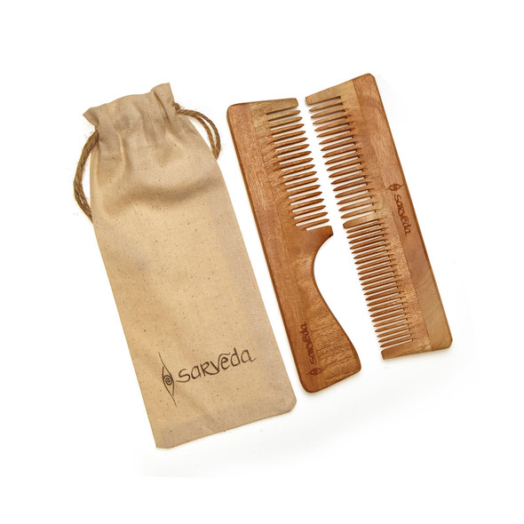Eco-Friendly Neem Wood Comb Set Suitable for untangling Frizzy Curly Hair , Pack of 2| By Sarveda | 2.68 Oz