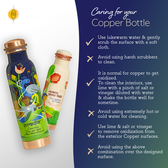 Traditionally Handcrafted and Aesthetically Designed Ayurvedic Copper Bottle with Brush - True Happiness Lies Within | By Sarveda | 4.23 Oz