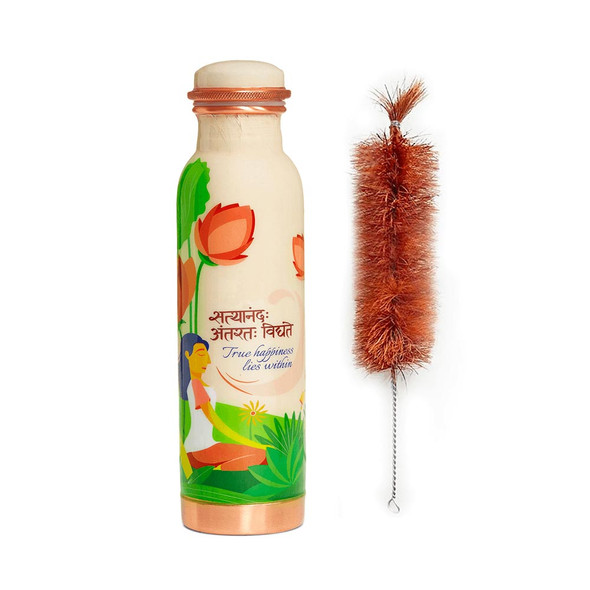 Traditionally Handcrafted and Aesthetically Designed Ayurvedic Copper Bottle with Brush - True Happiness Lies Within | By Sarveda | 4.23 Oz