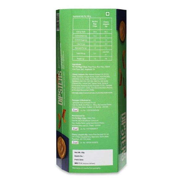 Dipsters Cheesy Jalapeno Dip Piri Piri Ragi Chips | By Snackible | 1.76 Oz | 0.11 lbs | SU-CW-JUN01