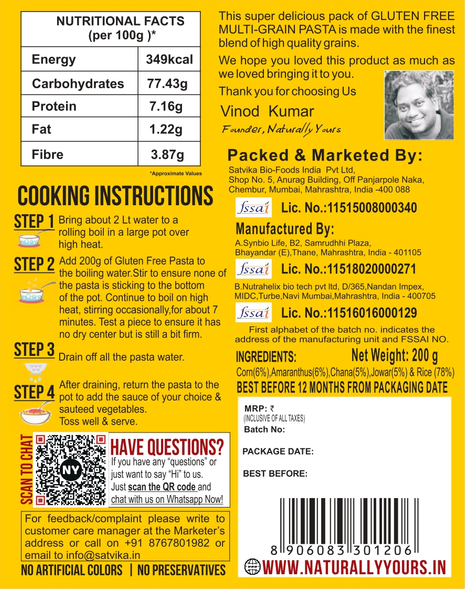 Naturally Yours Gluten Free Multi Grain Pasta 200g  |  By Naturally Yours | For USA | 0.44 lbs |7.05 oz