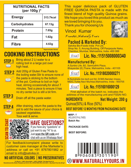Naturally Yours Gluten Free Quinoa Pasta 200g  |  By Naturally Yours | For USA | 0.44 lbs |7.05 oz