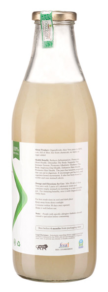 Aloe Vera Juice with Fibre 1Ltr| By OrganiKrishi | For USA | 33.81 FLOZ | 0.26 Gallons
