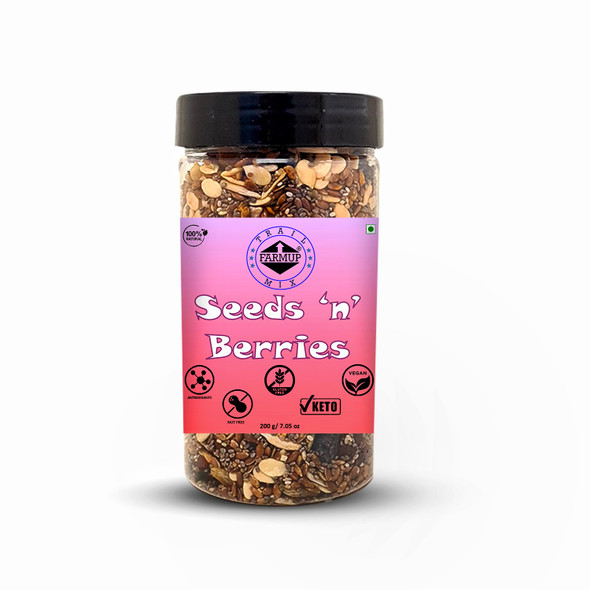Seeds N Berries Trail Mix (Sunflower, Chia, Watermelon, Pumpkin, Black Raisins, Golden Raisins, Roasted Flax & Dried Cranberries) | By FARMUP | For USA | 7.05 Oz | 0.44 lbs