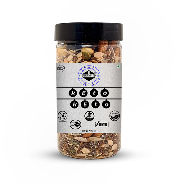 Keto Keto Trail Mix (Sunflower Seeds, Chia Seeds, Watermelon Seeds, Pumpkin Seeds, Almond, Roasted Peanuts, Black Raisin & Roasted Flax Seeds) | By FARMUP | For USA | 7.05 Oz | 0.44 lbs