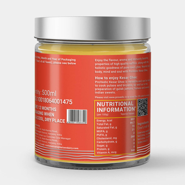 Saffron Infused Cow Ghee - Infused Ghee - 500ml | By ProVedic | For USA | 16.91 fl oz | 0.13 gallon