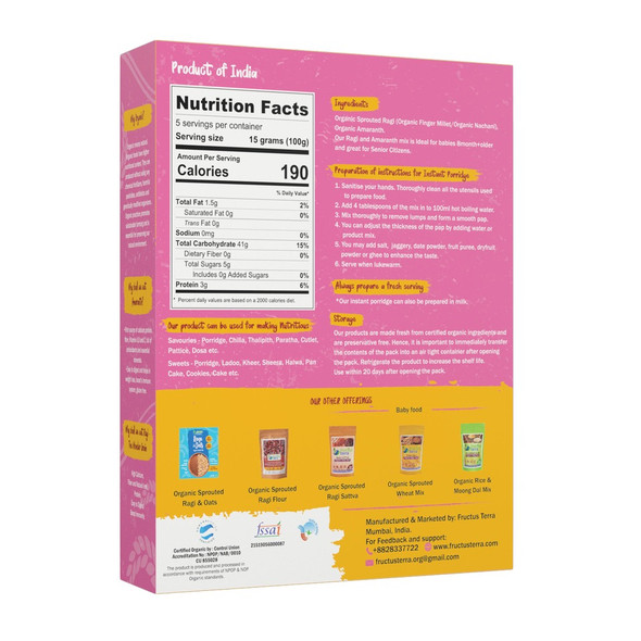 RAGI & AMARANTH/RAJGIRA INSTANT PORRIDGE MIX | By Fructus Terra | For USA | 7.05 Oz | 0.44 lbs