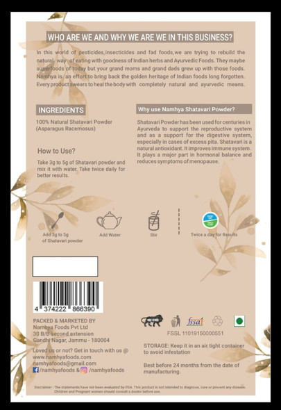 Shatavari powder - Good for menopause in women | By Namhya | For USA | 3.53 Oz | 0.22 lbs