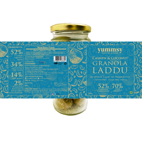 Granola Laddu - Cashew & Coconut | By Yummsy Food | For USA | 1.41 Oz | 0.09 lbs