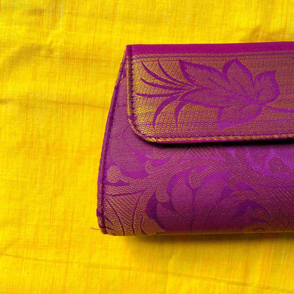 Clutch Purse- Purple Flowers on Golden | | By Upcyclie | For USA | 4.53 Oz | 0.29 lbs
