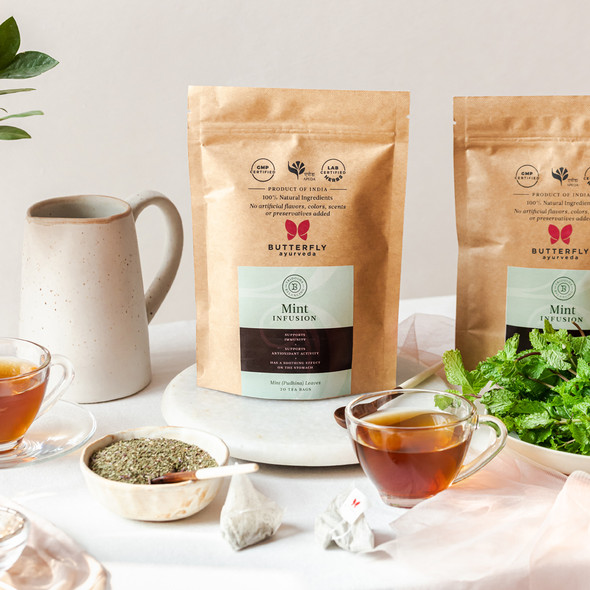 Mint Leaf Infusion Made With Pure Dried Mint Leaves - 20 Tea Bags (40g)  | By Butterfly Ayurveda | For USA |  1.41 oz  |  0.09lbs