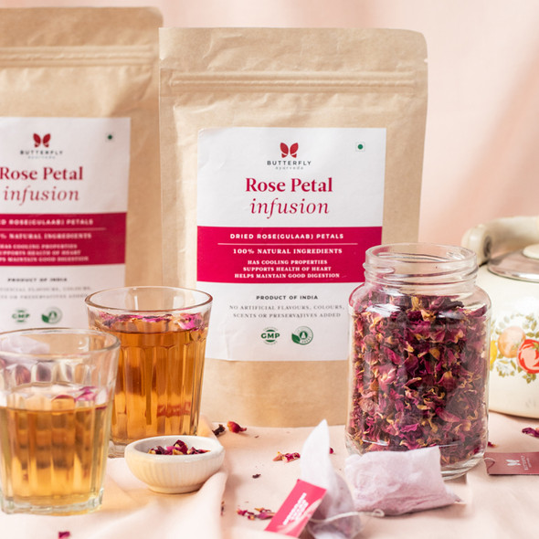 Rose Petal Infusion For Balancing Pitta And Boosting Heart Health - 20 Tea Bags (40g)  | By Butterfly Ayurveda | For USA |  1.41 oz  |  0.09lbs