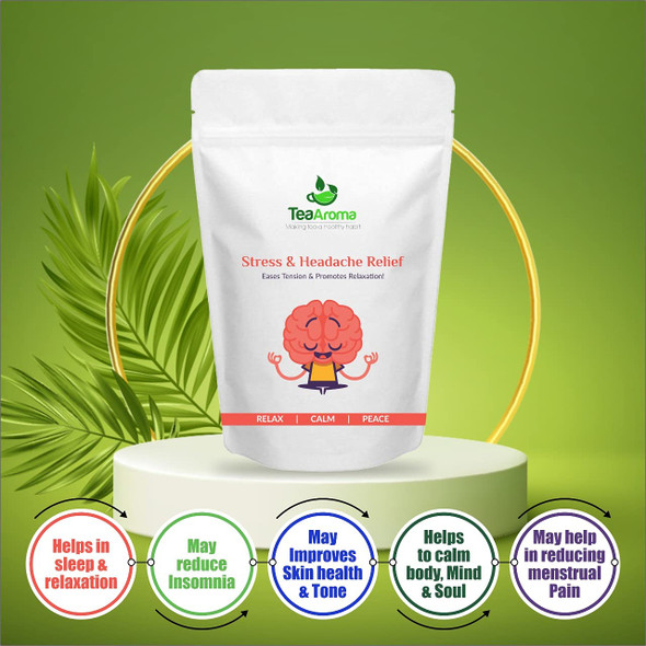 Stress & Headache Relief Tea - Chamomile, Lavender, Valerian root, Sleep tea, Anti depression tea, Restful sleep, Caffeine free  | By Tea Aroma | For USA | 1.76 Oz | 0.11 lbs