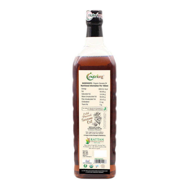 Certified Organic Sesame Oil 1000ml | By Nutriorg | 33.81 fl Oz