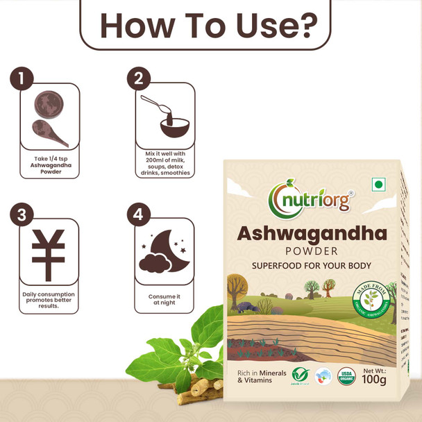 Certified Organic Ashwagandha Powder 100G | By Nutriorg | 7.05 Oz | 0.44 lbs