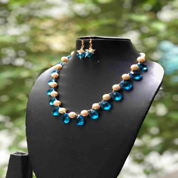 Blue drop cut beads with Hyderabad Pearls necklace set |By Beyond Beads | 2.12 Oz | 0.13 lbs | SU-TQ-MAY20