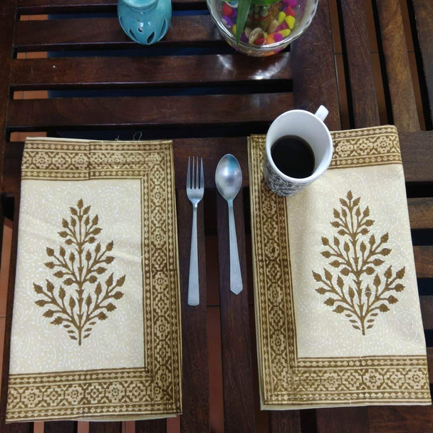 Beige Hand Block Printed With Natural Colour Cotton Canvas Table Mat (6 Pieces) |By Moriyo | 17.64 Oz | 1.1 lbs | SU-TQ-MAY20