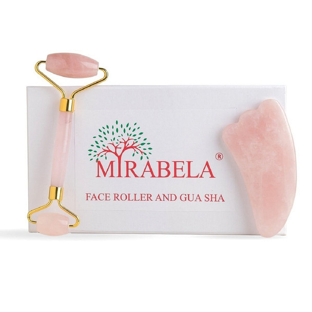 Face Roller And Gua Sha Set Rose Quartz Feather |By Mirabela | 7.05 Oz | 0.44 lbs | SU-TQ-MAY20