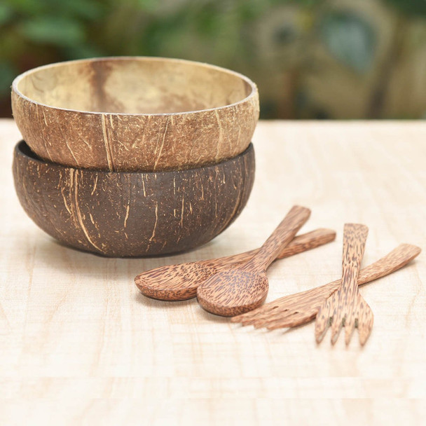 Eco Friendly Coconut bowls with wooden spoons and forks |By EcoBowls | 17.64 Oz | 1.1 lbs | SU-TQ-MAY20