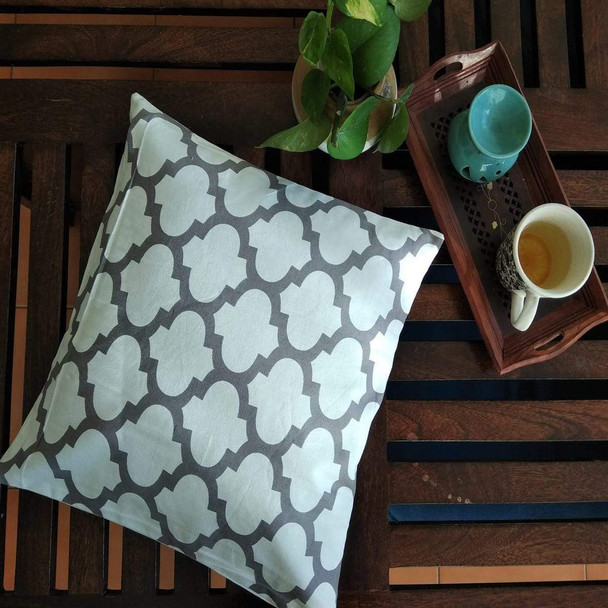 Geometric Hand Block Print Cotton Cushion Cover (Gray)(Single) |By Moriyo | 7.05 Oz | 0.44 lbs | SU-TQ-MAY20