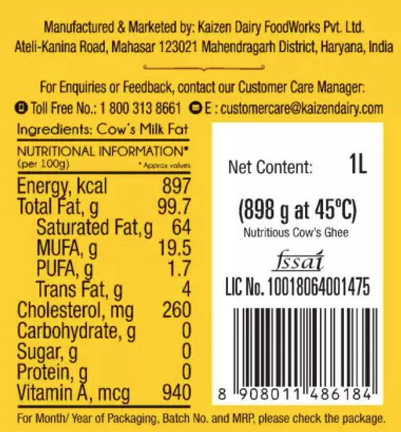 Pure Cow's Ghee 1L | By ProVedic | 33.81 fl oz | 0.26 gallon