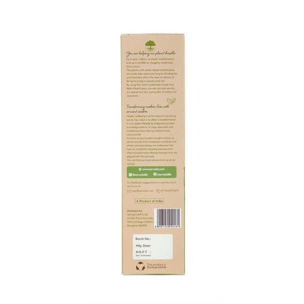 Eco-friendly Toothbrush made from Natural Neem Wood with Anti-bacterial & Anti-fungal properties | By Sarveda | 5.29 Oz
