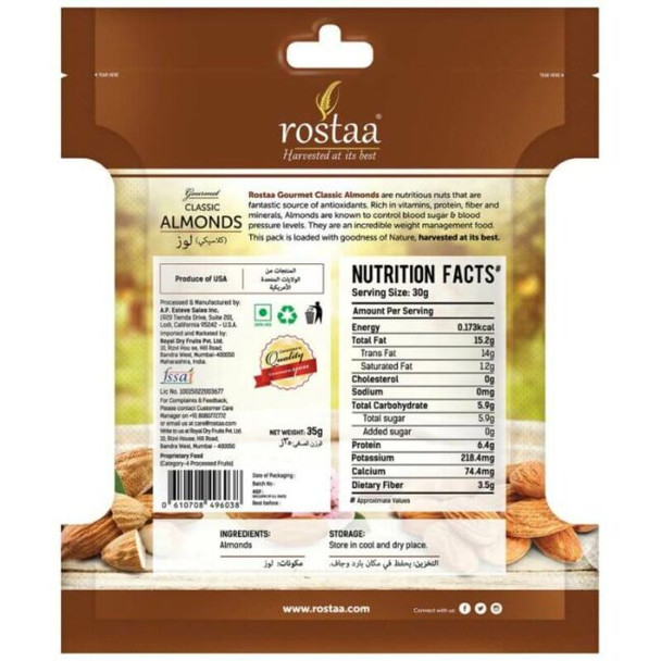 Classic Almonds Mini Pack | By Rostaa | 1.23 Oz | 0.08 lbs | SU-CW-JUN01