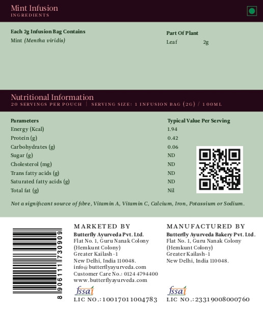 Mint Leaf Infusion Made With Pure Dried Mint Leaves - 20 Tea Bags (40g)  | By  Butterfly Ayurveda  |  1.41 oz  |  0.09lbs