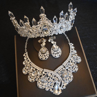 QueenLine Luxury Big Rhinestone Bridal Jewelry Sets Silver Plated Crystal Crown Tiaras Necklace Earrings Set For Bride Hair Accessories|Bridal Jewelry Sets