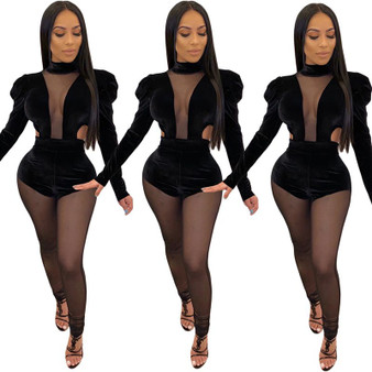 QueenLine Sexy Mesh Sheer Splice Velvet Jumpsuit Women Rave Festival Long Sleeve Club Body Overalls One Piece Rompers Jumpsuit