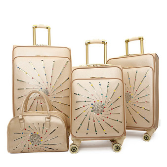 QueenLine NEW PU Leather Rolling Luggage Sets Spinner Women Password Suitcase Wheels With Handbag