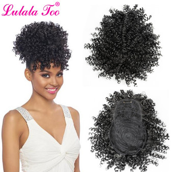 QueenLine Synthetic Fake Afro Kinky Curly Drawstring Ponytail With Bangs Wig Hair Bun Chignon Clip in Pony Tail Hair Extension