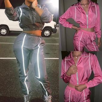 QueenLine Sexy Reflective Tracksuit Nightclub Running Sets Collar Long Sleeve Crop Tops Casual Pants Two Pieces Sport Jogging Suits