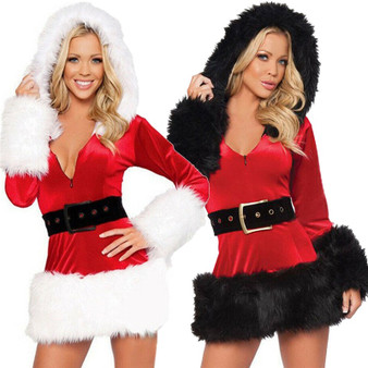 QueenLine High Quality Red Black Sexy Ladies Velvet Dress santa costumes Adult Mrs Santa Claus Outfit for Women hooded belt Christmas dres
