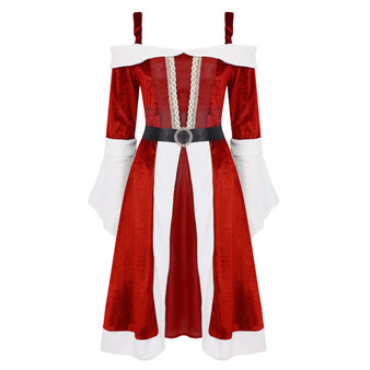 QueenLine Women Christmas Party Mrs Miss Santa Claus Cosplay Costume Soft Velvet Off Shoulder Long Flared Sleeve Midi Xmas Dress with Belt