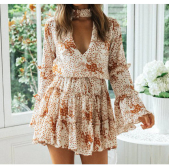 QueenLine  White Floral Choker Dress Women V Neckline Long Flared Sleeve Mini Party Dress Autumn Sexy Ruffle Clothes Ladies