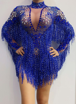 QueenLine Blue Silver Rhinestones Transparent Fringe Bodysuit Birthday Celebrate Long Sleeves Dance Bar Women Singer Outfit