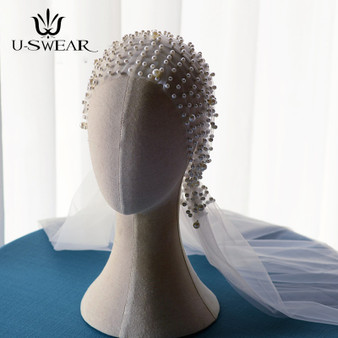 QueenLine Beautiful Bride Headdress Pearl Hair Accessories Handmade Beaded Veil Bridal Veil Velos De Novia Wedding Veils for Wedding Dress