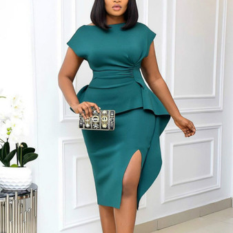 QueenLine Sexy Bodycon Short Sleeve Dresses Split Package Hip Solid Event Party Dress Fashion Office Ladies 2020 African Femal Plus Size