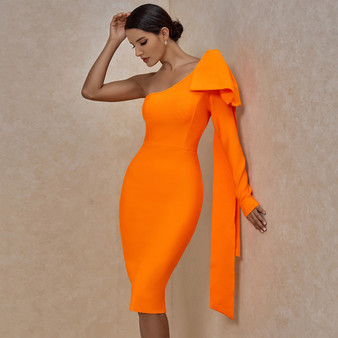 QueenLine  Ocstrade Runway Bownot One Sleeve Bandage Dress 2021 New Women Sexy One Shoulder Bandage Dress Bodycon Orange Club Party Dress