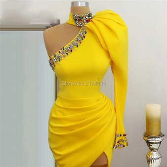QueenLine  Yellow One Shoulder Evening Dresses With Crystals Evening Gowns Dubai Arabic Party Dress Middle East High Split Side Prom Gowns