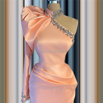 QueenLine  Pink Crystals One Shoulder Elegant Evening Dresses Dubai Long Saudi Arabia Party Dress For Wedding 2020 Robe De Soiree Prom Gown