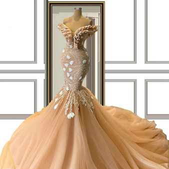 QueenLine  Dubai Champagne Mermaid Evening Dresses Off Shoulder Court Train Evening Gowns Custom Made Formal Female Dresses