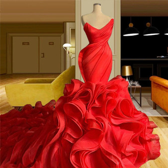 QueenLine Red Prom Dresses Long Train Tiered Organza Party Dress Saudi Arabia Dubai Turkish Moroccan Plus Size Custom Made Evening Gowns