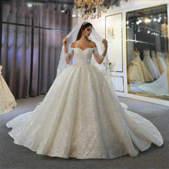 QueenLine Off The Shoulder Long Sleeves Beautiful Wedding Dress Lace Bridal Dress