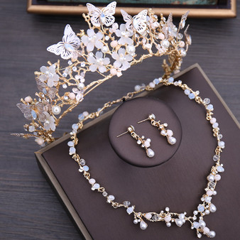 QueenLine Luxury Crystal Beads Pearl Butterfly Costume Jewelry Sets Floral Rhinestone Choker Necklace Earrings Tiara Wedding Jewelry Set|Bridal Jewelry Sets